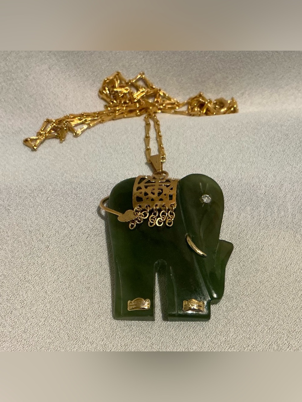 Vintage Carved Green Jade Elephant Necklace - Gold Accents
